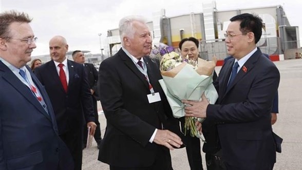 匈牙利国会副主席伊什特万•雅各布到机场迎接越南国会主席王廷惠一行。（图片来源：越通社）