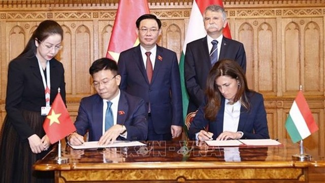 越南国会主席王廷惠和匈牙利国会主席拉斯洛·科夫出席签订仪式。（图片来源：越通社）