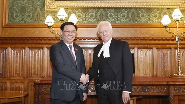 越南国会主席王廷惠与英国上议院议长约翰·麦克福尔。（图片来源：越通社）