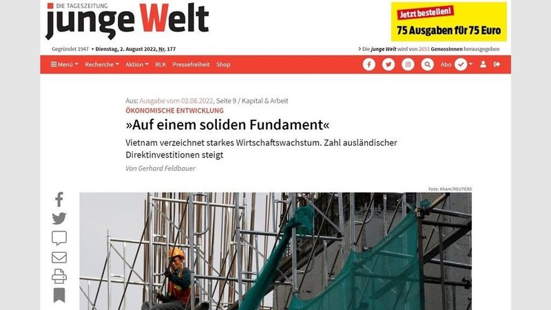 德国《青年世界报》刊登题为“越南在坚实的基础上发展经济”文章。