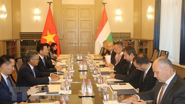 阮孟雄部长同匈牙利外交与对外经济部部长彼得•西雅尔多举行工作会议。（图片来源：越通社）