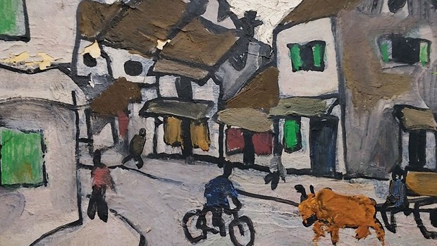 越南画家裴春派画作《大街与骑着自行车和牛车的人》。