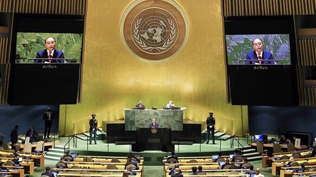 阮春福主席在联合国大会上发表讲话。（图片来源：越通社）