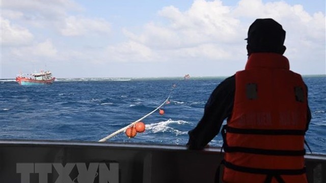 KN 411号渔检船正在营救在长沙海域搁浅的渔船。（图片来源：越通社）