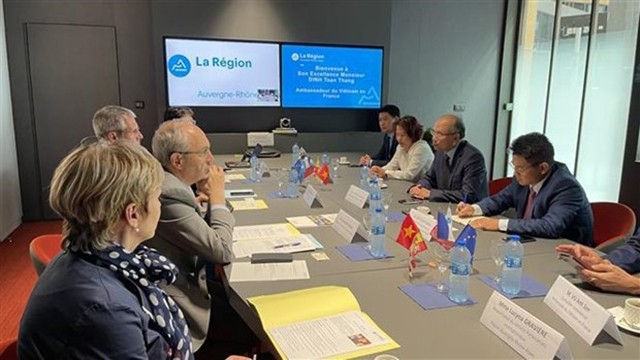 奥弗涅-罗讷-阿尔卑斯大区议会领导与越南驻法国大使馆代表团举行座谈。（图片来源：越通社）